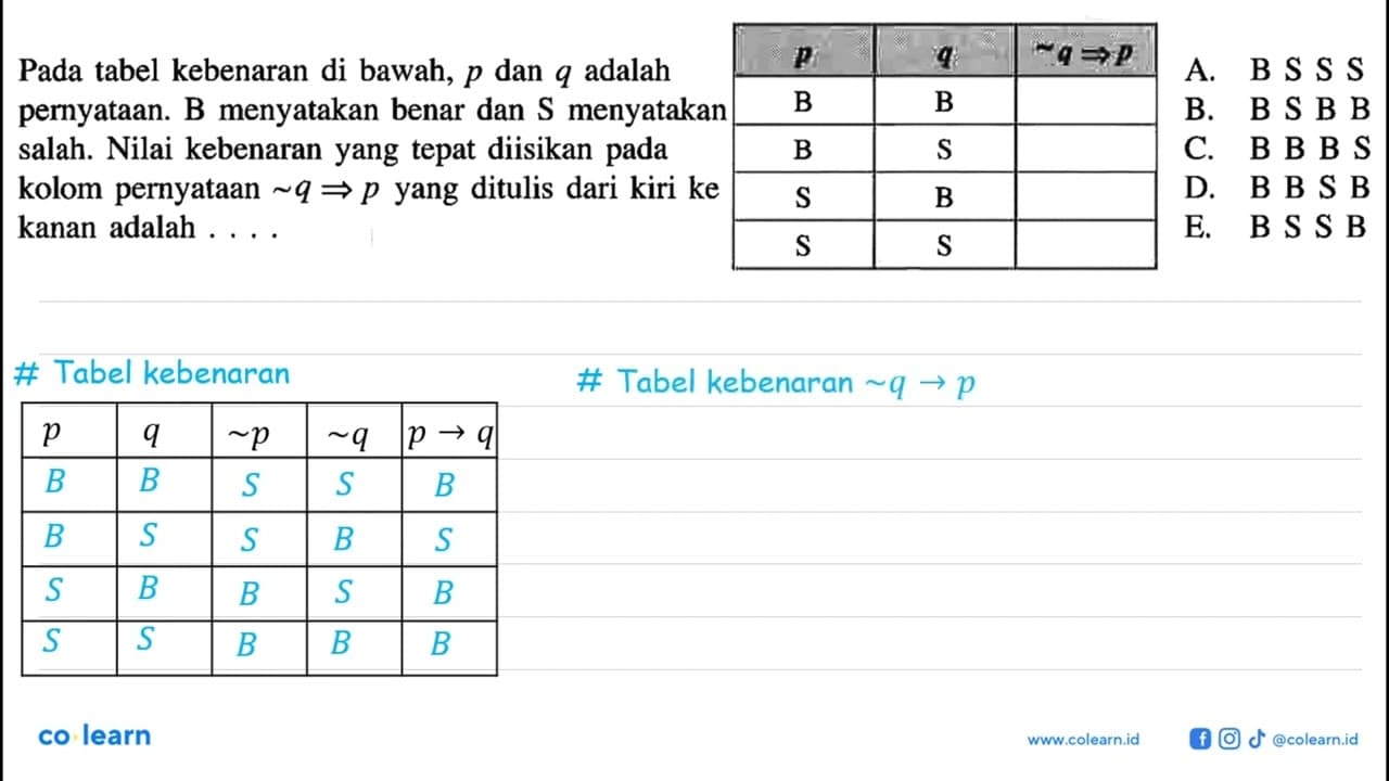 Pada tabel kebenaran di bawah, p dan q adalah pernyataan. B