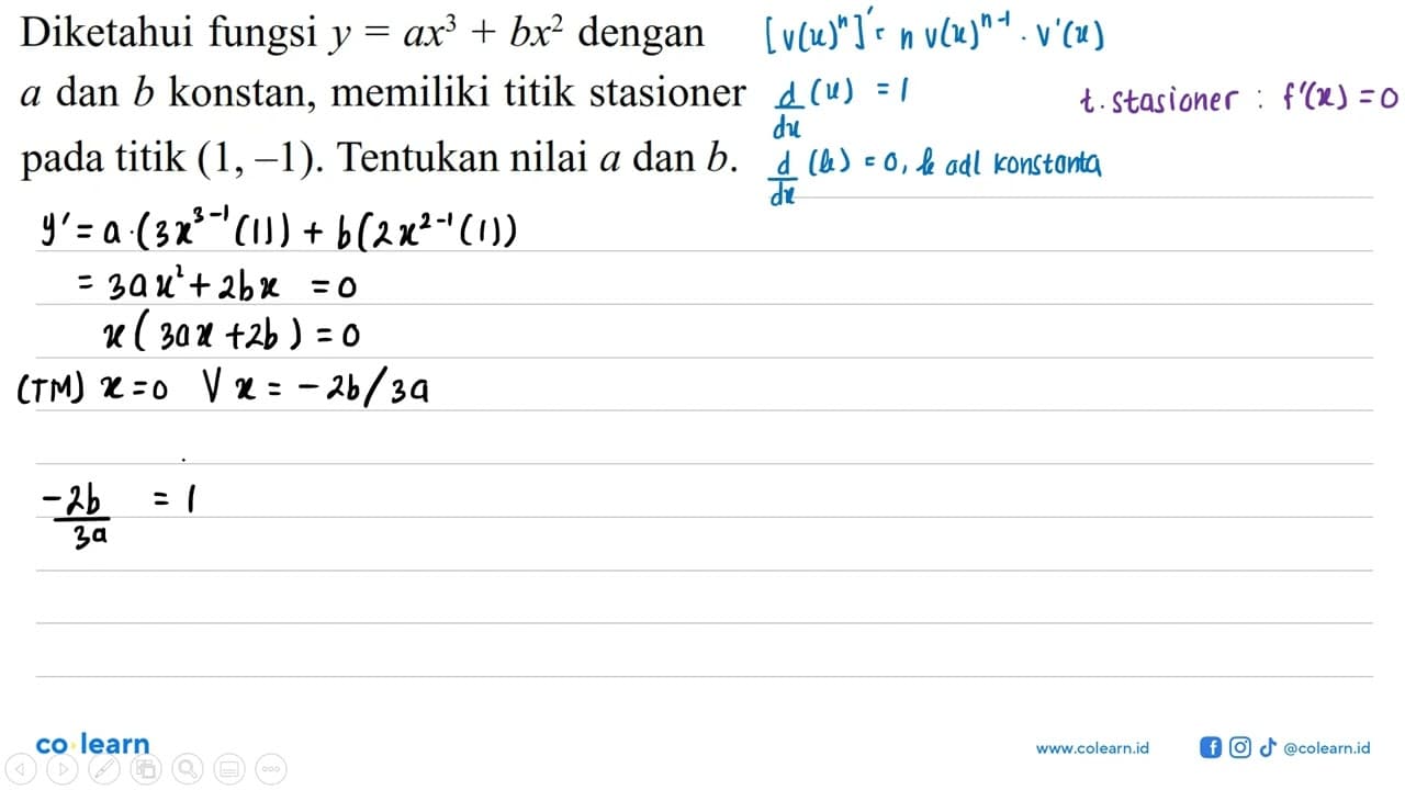 Diketahui fungsi y=ax^3+bx^2 dengan a dan b konstan,