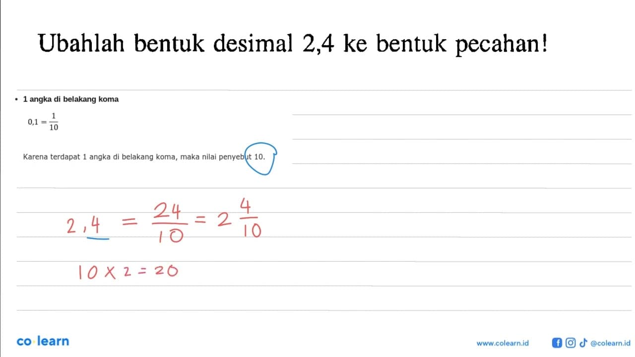 Ubahlah bentuk desimal 2,4 ke bentuk pecahan!