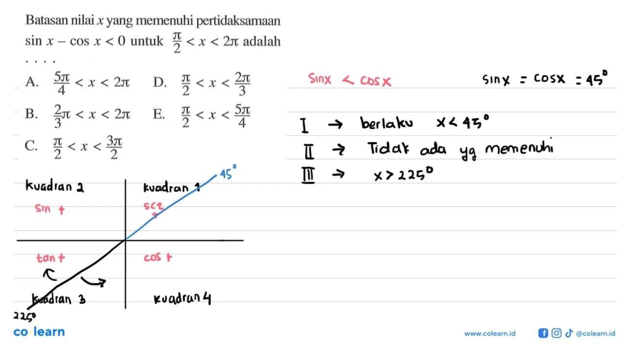 Batasan nilai x yang memenuhi pertidaksamaan sin x-cos x<0