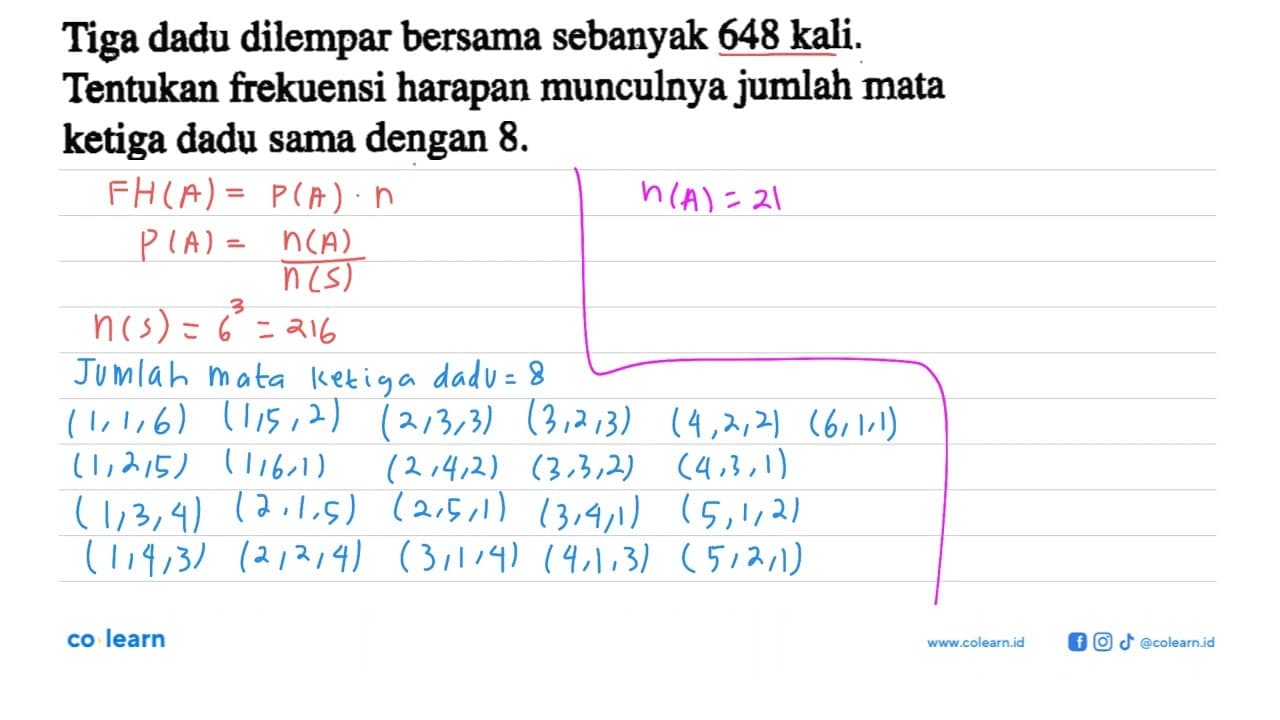 Tiga dadu dilempar bersama sebanyak 648 kali. Tentukan