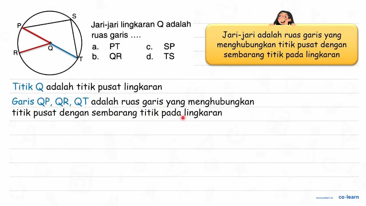 Jari-jari lingkaran Q adalah ruas garis .... P S R Q T a.