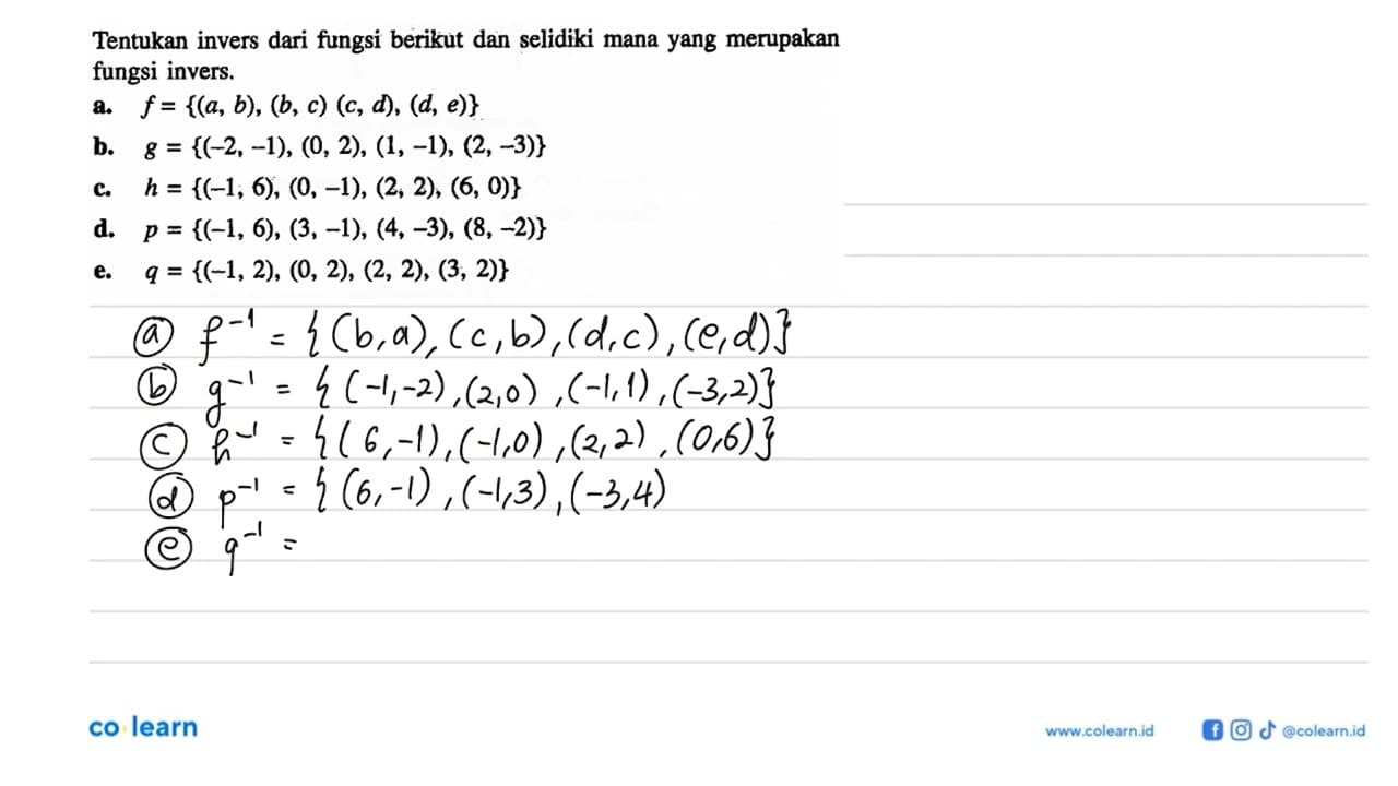 Tentukan invers dari fungsi berikut dan selidiki mana yang