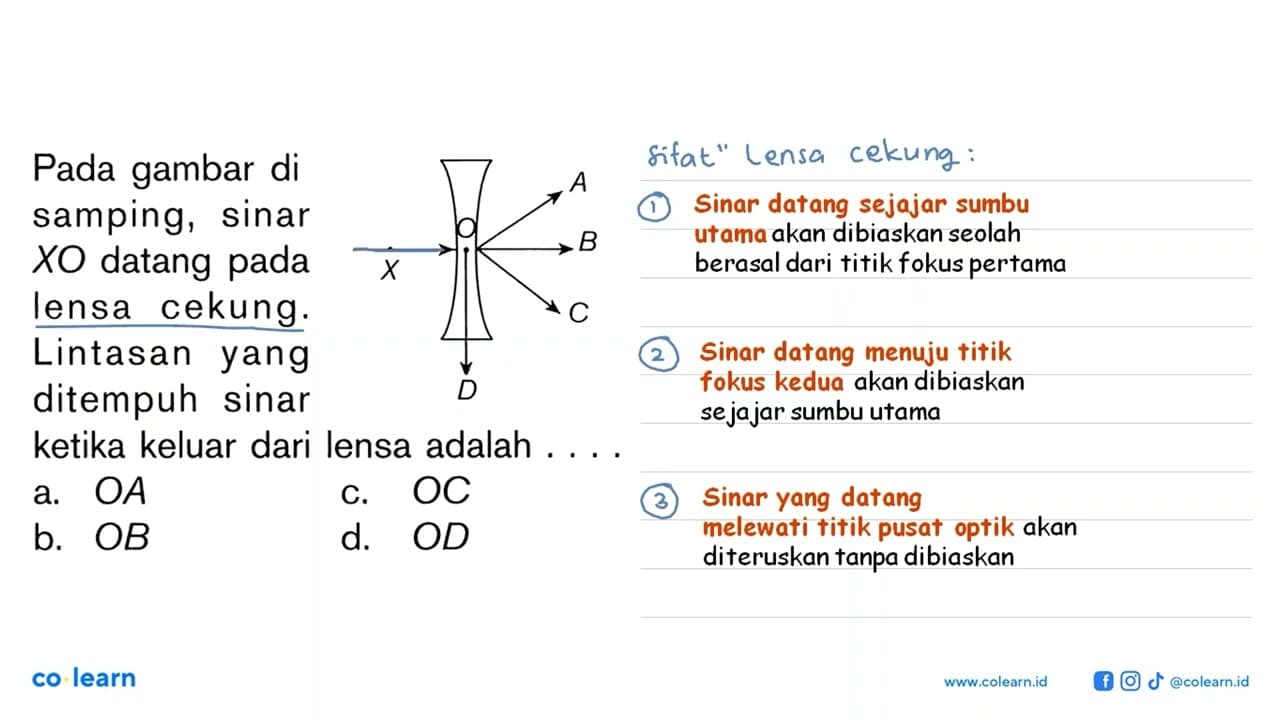 Pada gambar di samping, sinar XO datang pada lensa cekung.