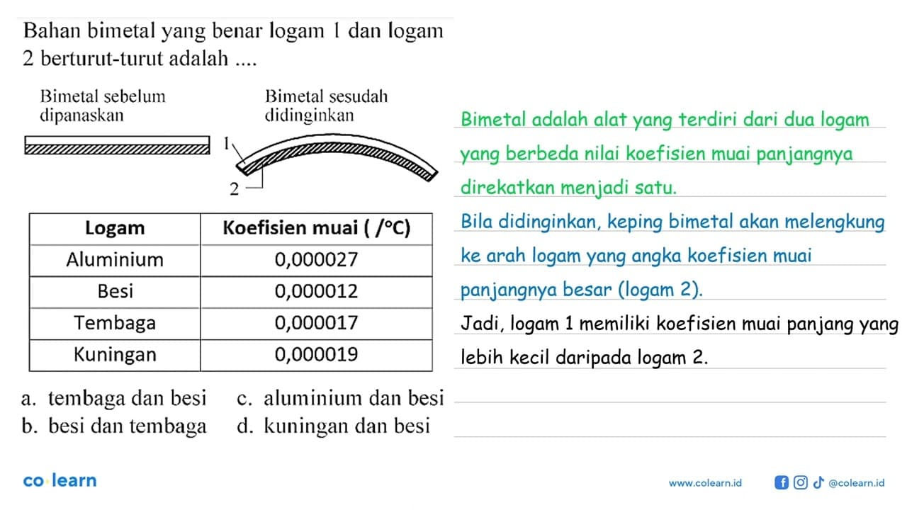 Bahan bimetal yang benar logam 1 dan logam 2 berturut-turut