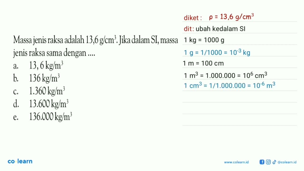 Massa jenis raksa adalah 13,6 g/cm^3. Jika dalam SI, massa