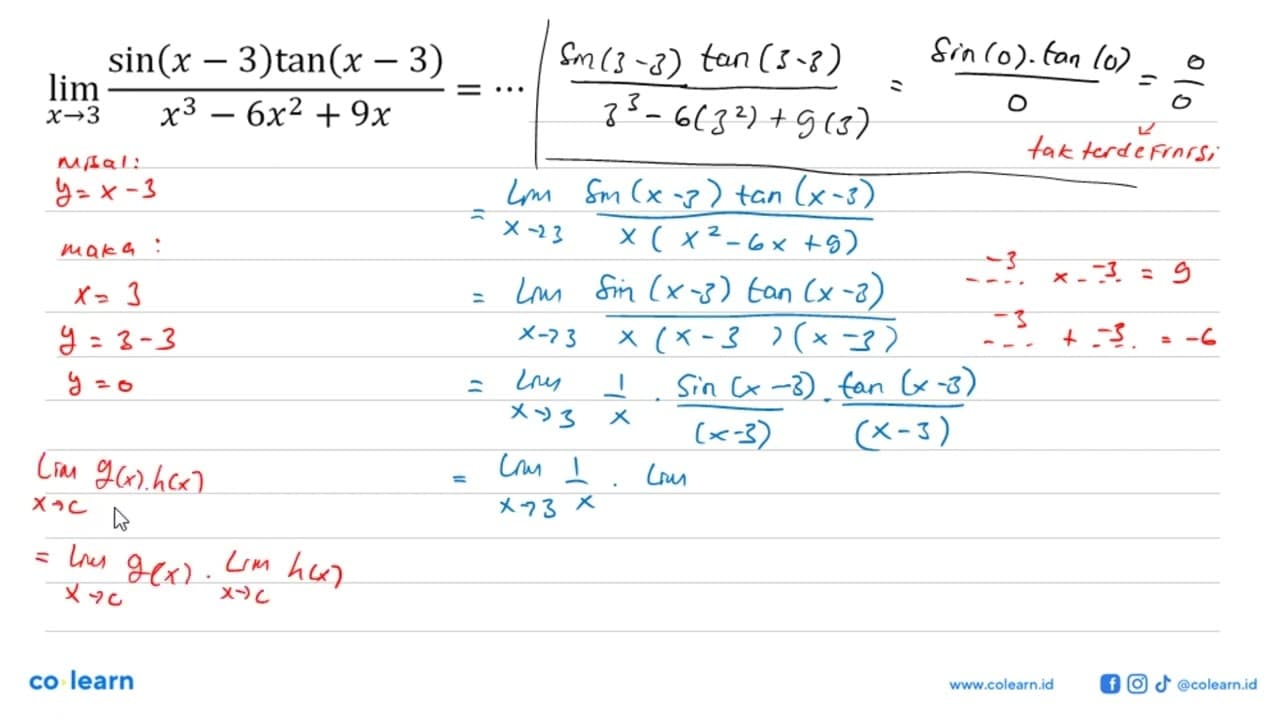 limit x->3 (sin(x-3) tan(x-3))/(x^3-6x^2+9x)= ...