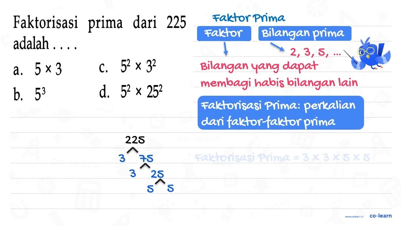 Faktorisasi prima dari 225 adalah . . . .