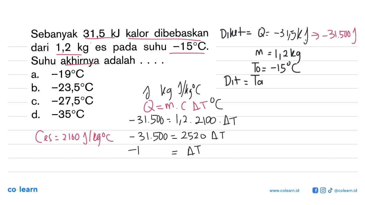 Sebanyak 31,5 kJ kalor dibebaskan dari 1,2 kg es pada suhu