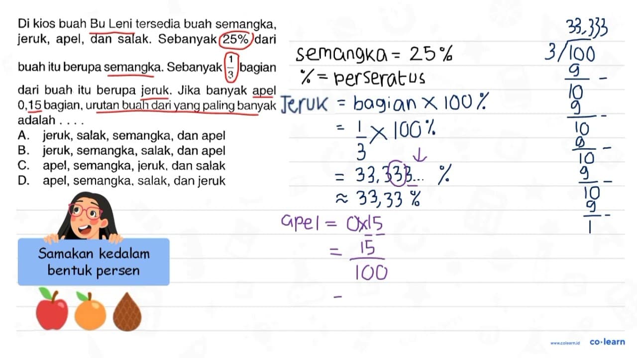 Di kios buah Bu Leni tersedia buah semangka, jeruk, apel,