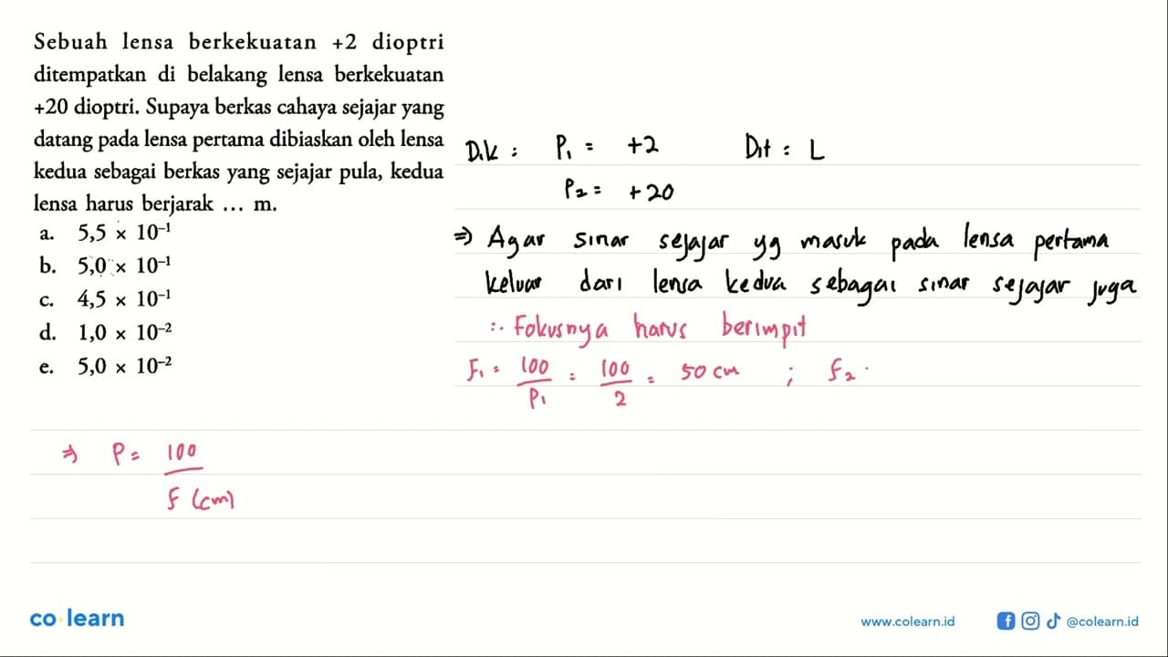 Sebuah lensa berkekuatan +2 dioptri ditempatkan di belakang