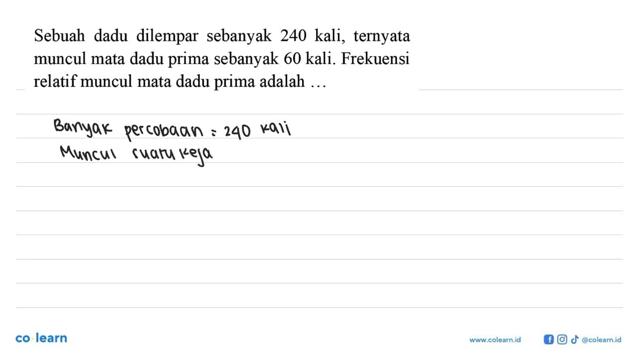 Sebuah dadu dilempar sebanyak 240 kali, ternyata muncul