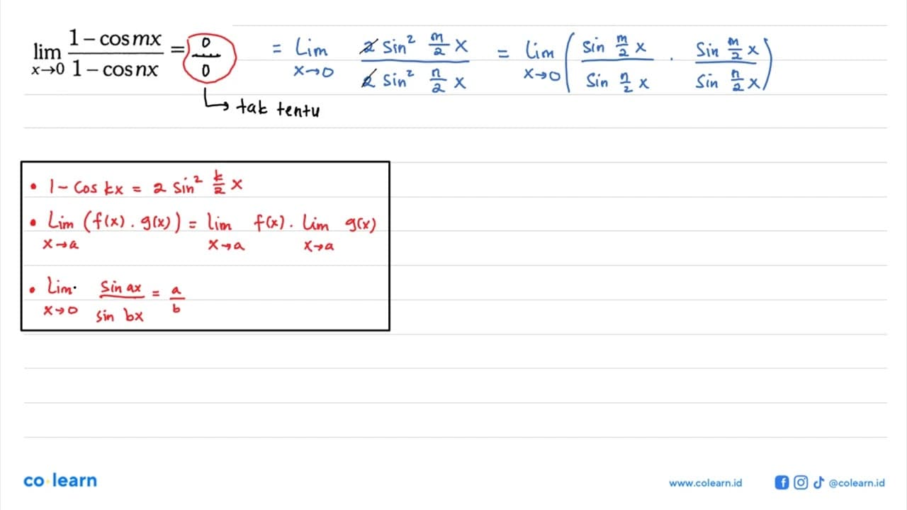 lim x->0 (1-cos mx)/(1-cos nx)= ...