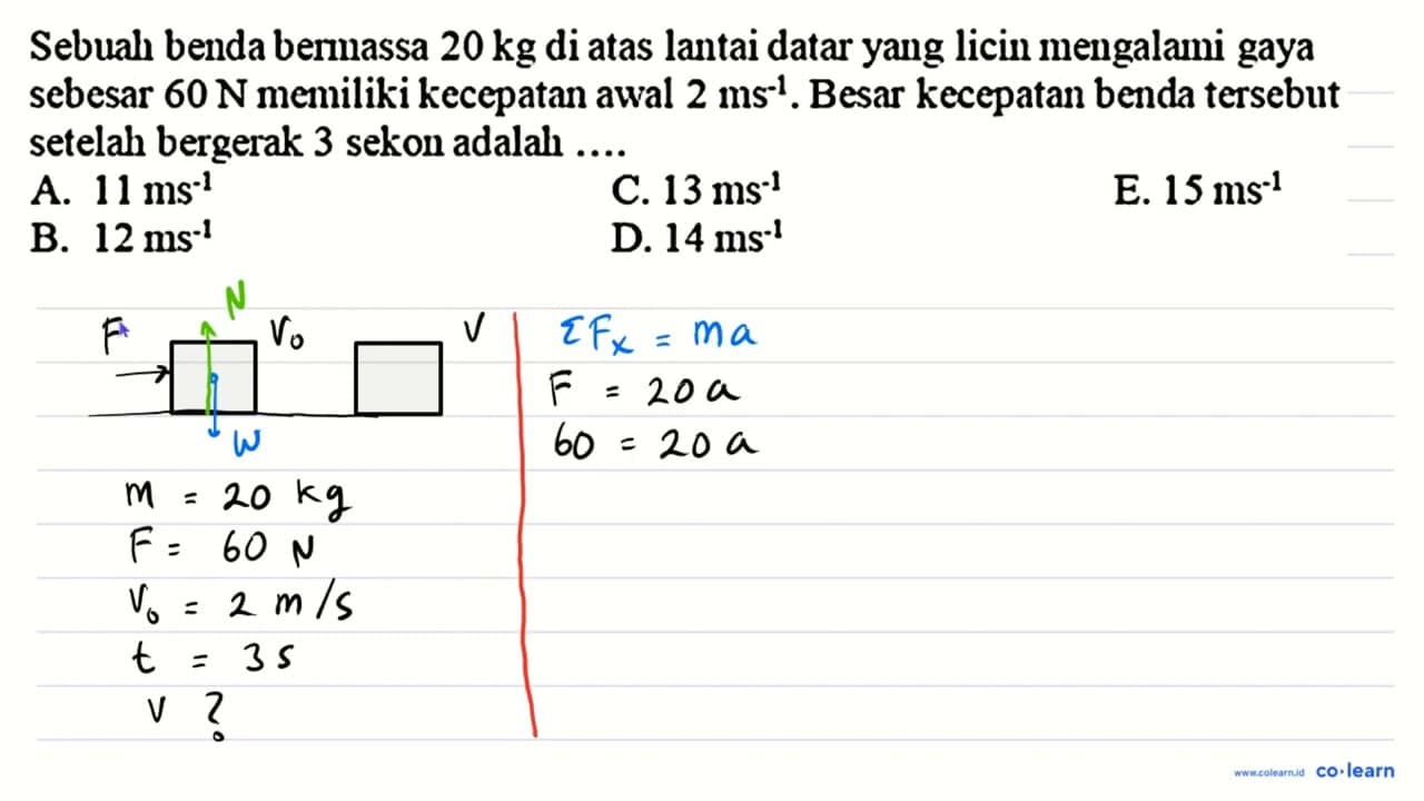 Sebuah benda bermassa 20 kg di atas lantai datar yang licin