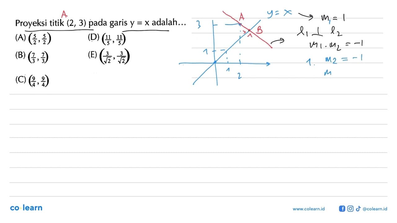 Proyeksi titik (2,3) pada garis y=x adalah...