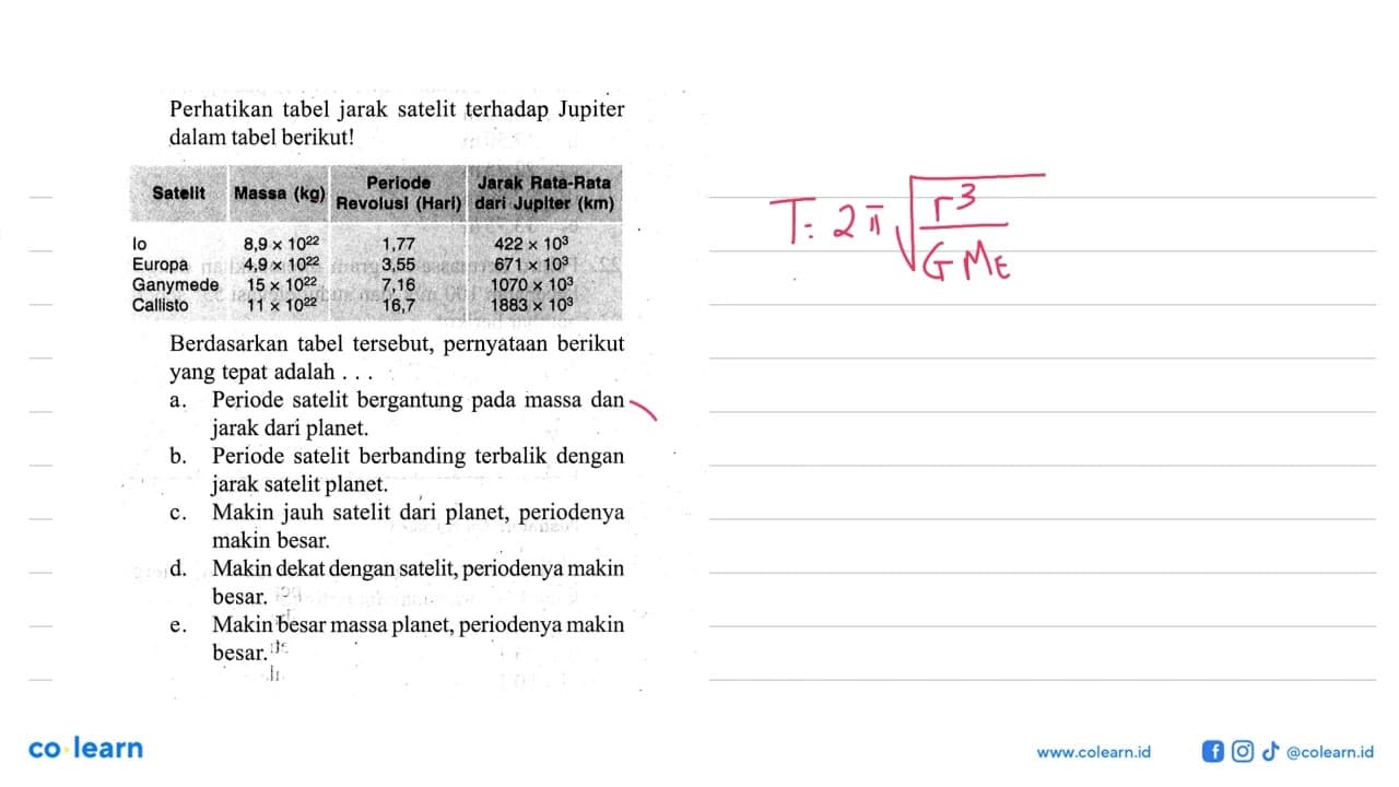 Perhatikan tabel jarak satelit terhadap Jupiter dalam tabel