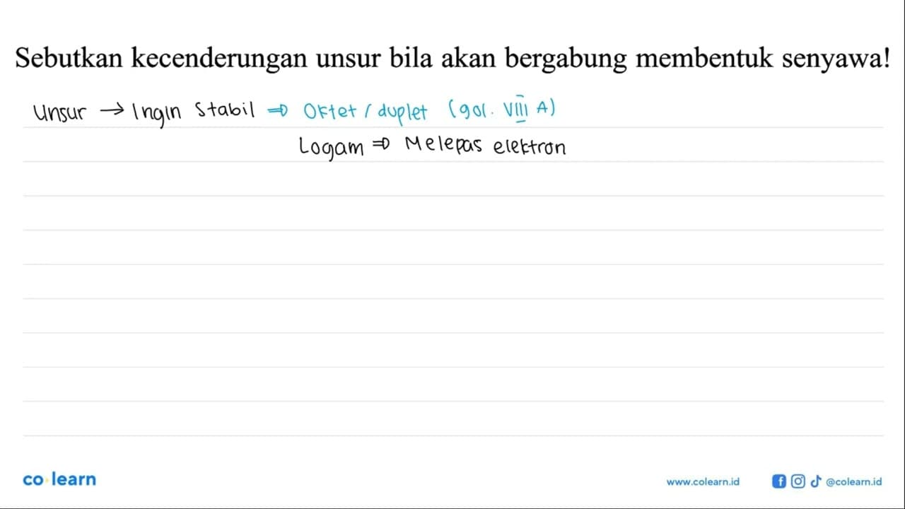 Sebutkan kecenderungan unsur bila akan bergabung membentuk