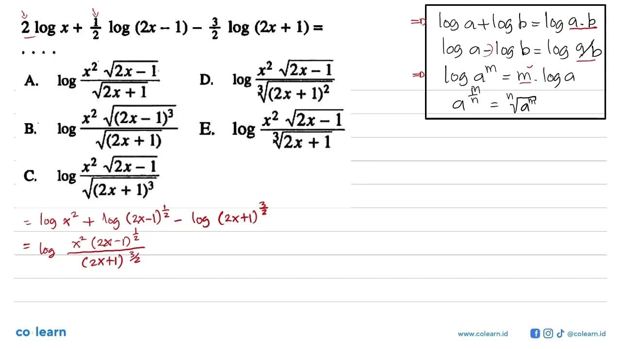 2 logx+1/2 log(2x-1)-3/2 log(2x+1)= ...