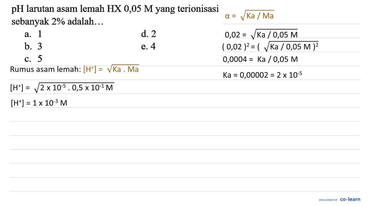 pH larutan asam lemah HX 0,05 M yang terionisasi sebanyak 2