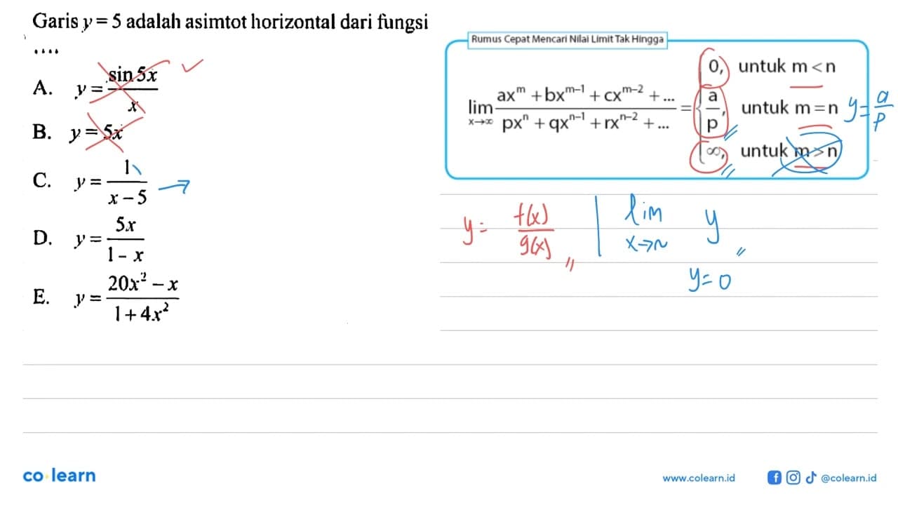 Garis y=5 adalah asimtot horizontal dari fungsi...