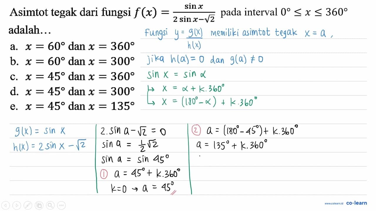 Asimtot tegak dari fungsi f(x)=(sin x)/(2 sin x-akar(2))