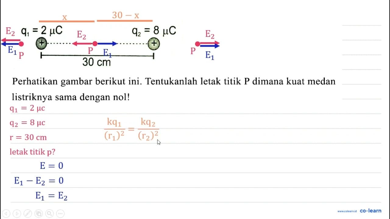 q1 = 2 muC q2 = 8 muC + + 30 cm Perhatikan gambar berikut