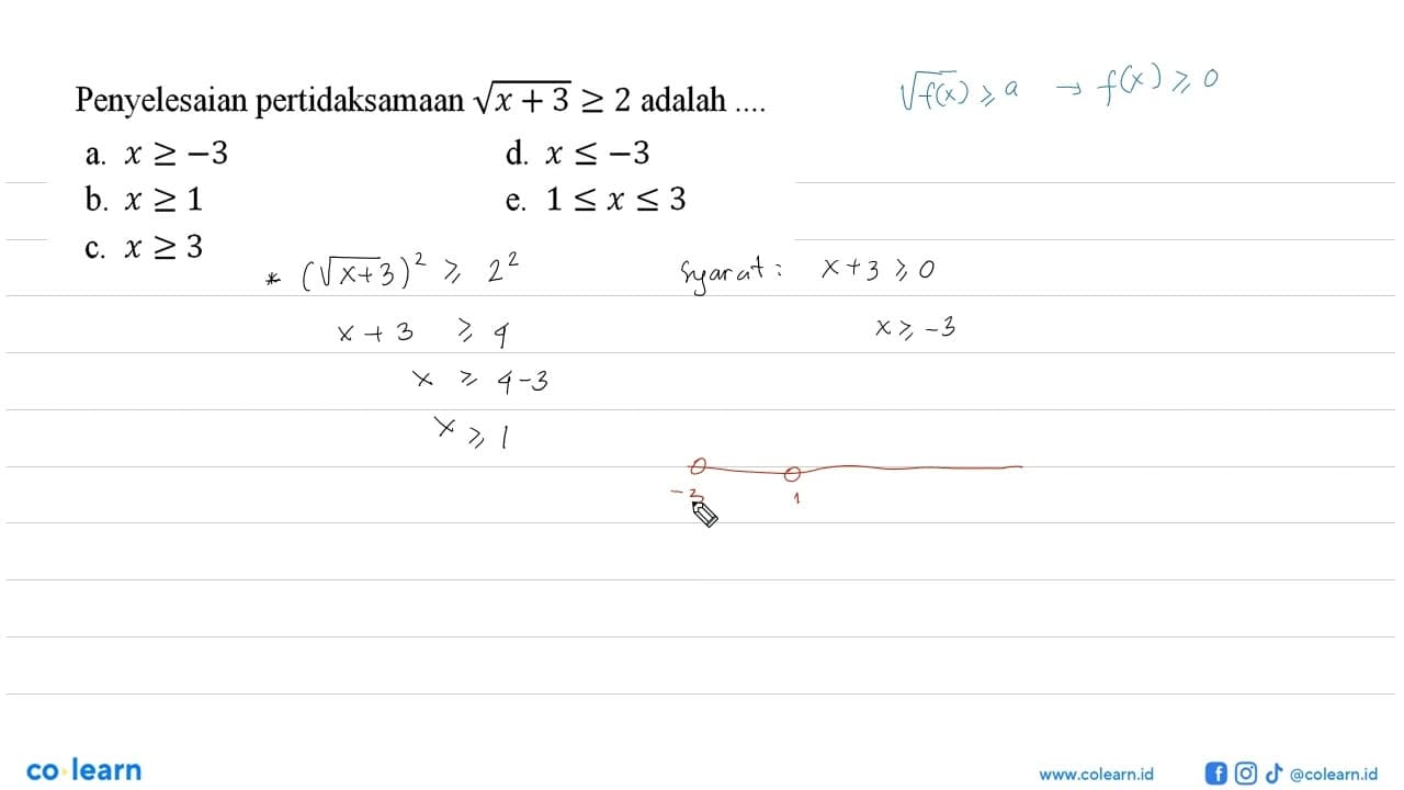 Penyelesaian pertidaksamaan akar(x+3)>=2 adalah ....