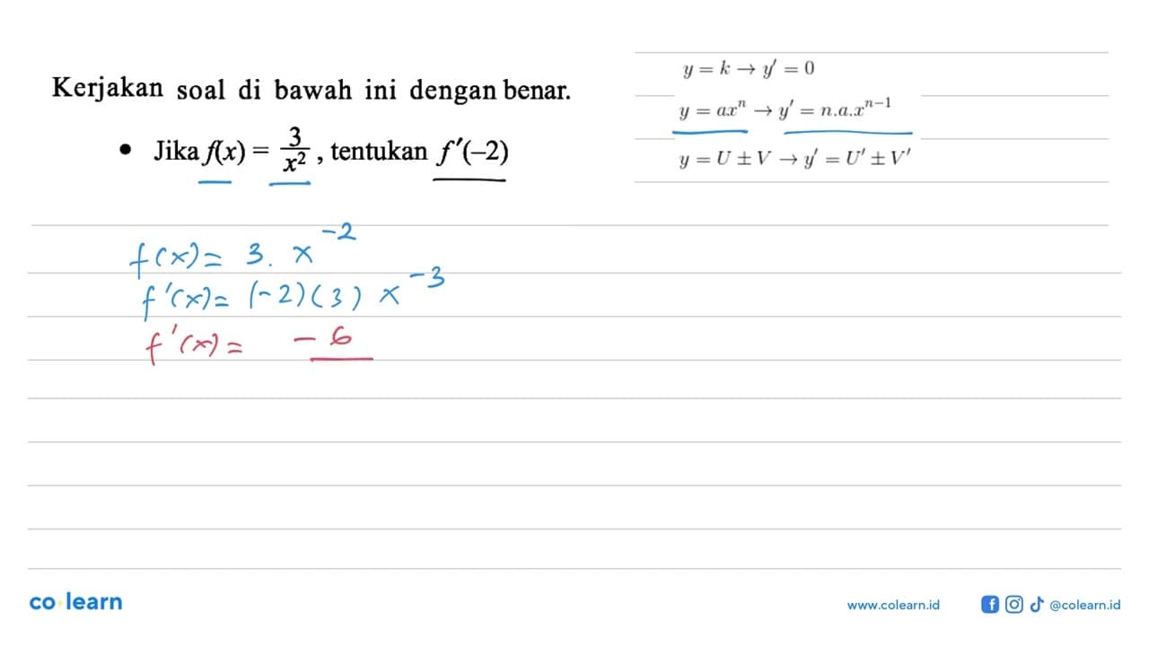 Kerjakan soal di bawah ini dengan benar.- Jika f(x) =