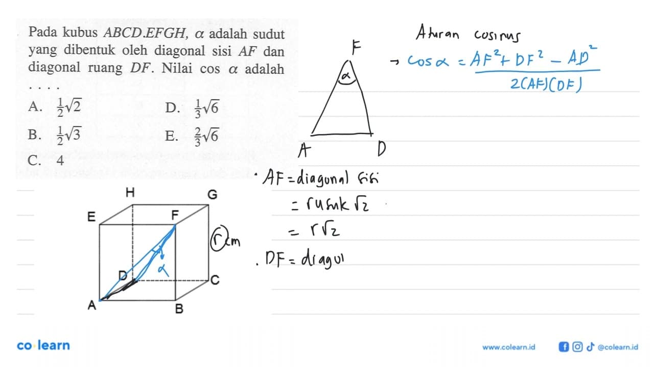 Pada kubus ABCD.EFGH, alpha adalah sudut yang dibentuk oleh