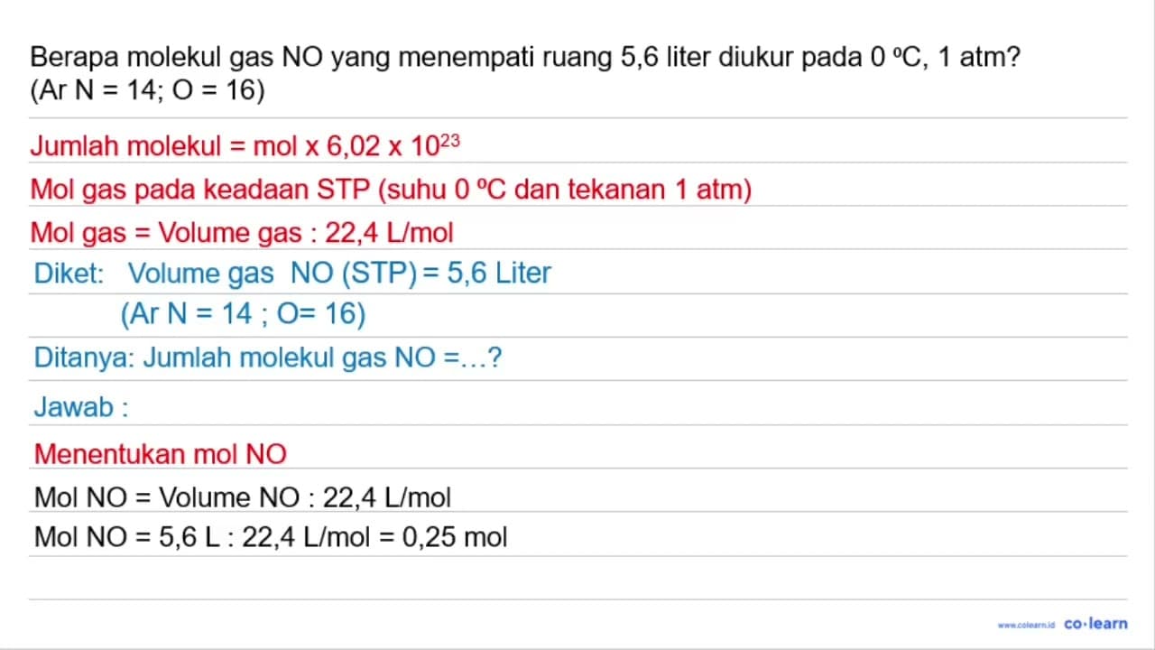 Berapa molekul gas NO yang menempati ruang 5,6 liter diukur