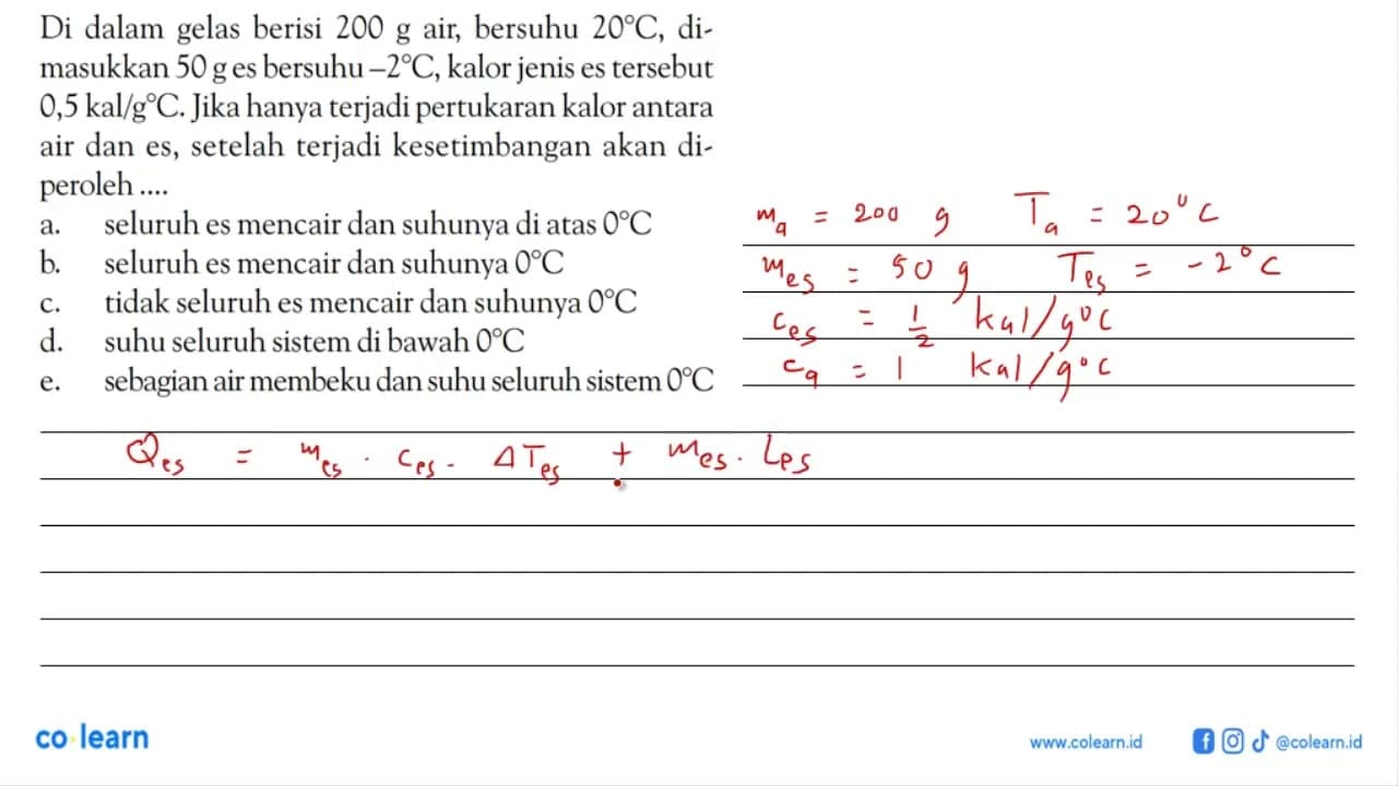 Di dalam gelas berisi 200 g air, bersuhu 20 C, dimasukkan