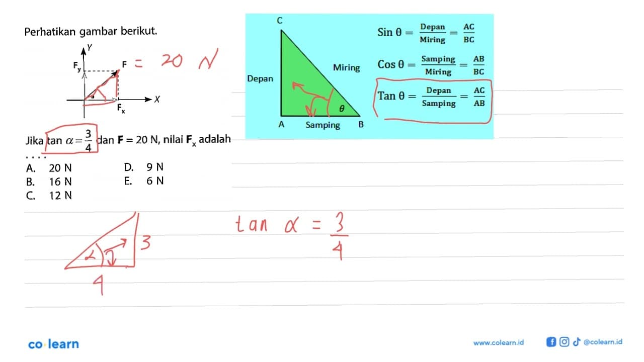 Perhatikan gambar berikut.Fy a FxJika tan a=3/4 dan F=20 N,