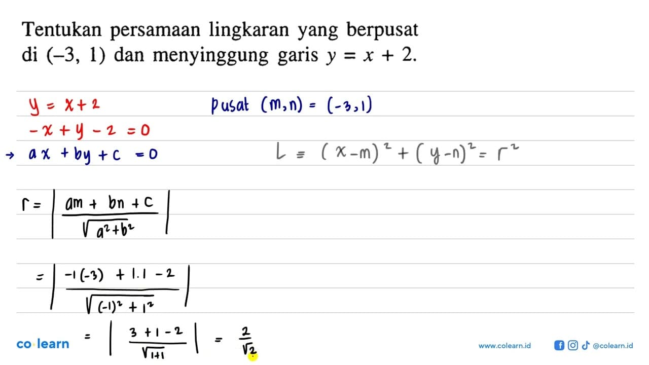 Tentukan persamaan lingkaran yang berpusat di (-3,1) dan