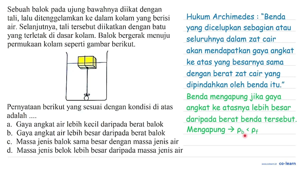 Sebuah balok pada ujung bawahnya diikat dengan tali, lalu