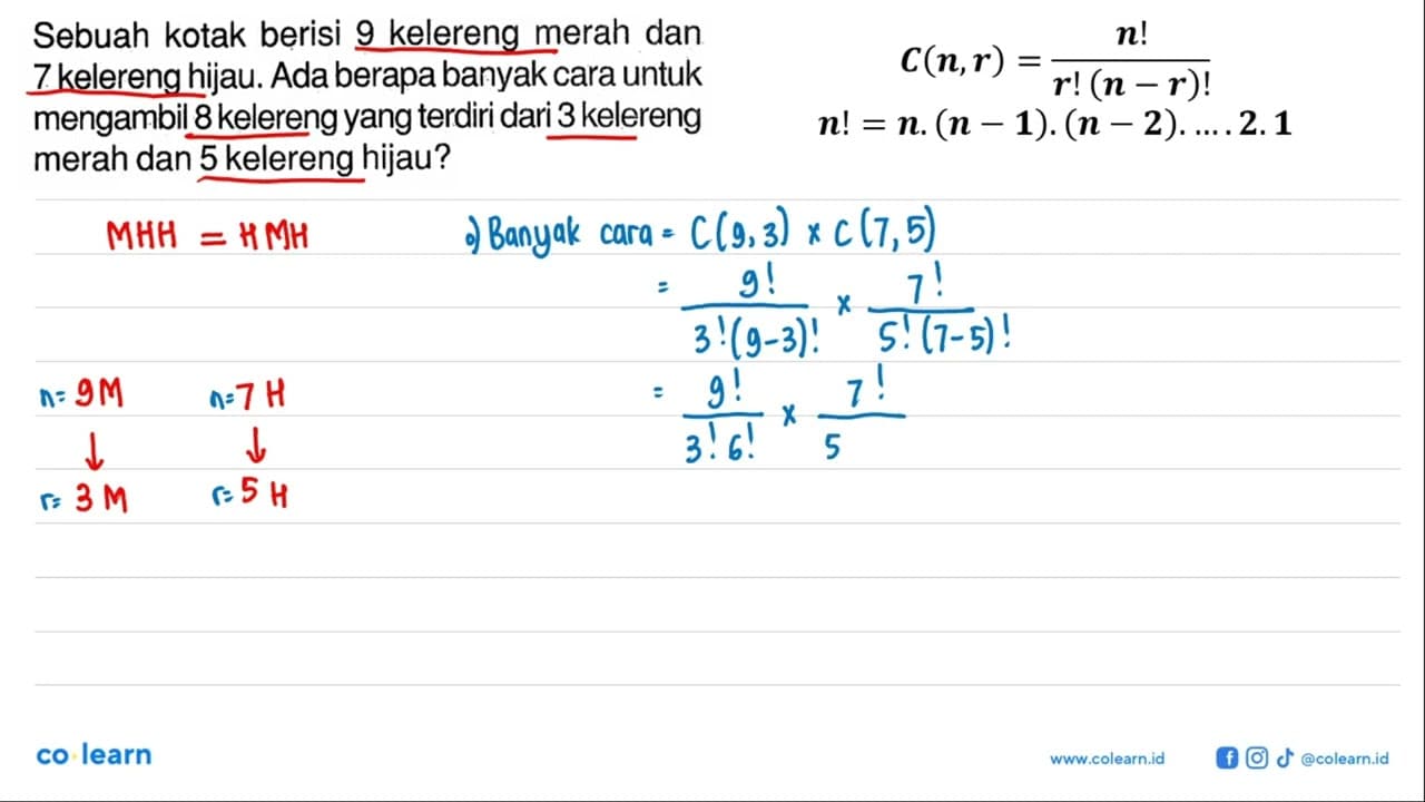 Sebuah kotak berisi 9 kelereng merah dan 7 kelereng hijau.