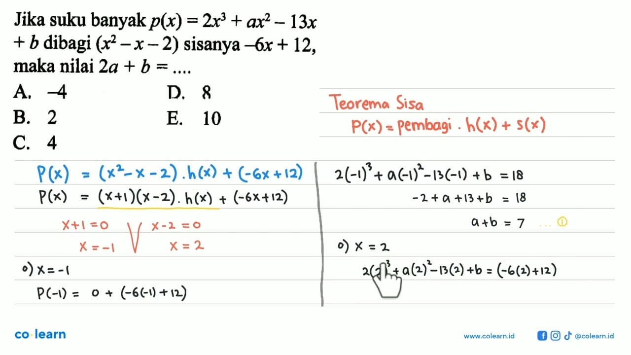 Jika suku banyak p(x)=2x^3+ax^2-13x+b dibagi (x^2-x-2)