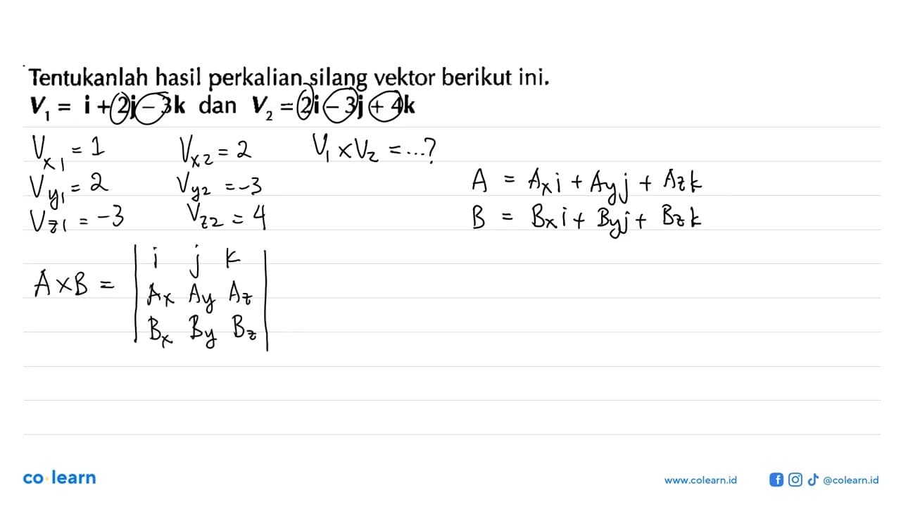 Tentukanlah hasil perkalian silang vektor berikut ini; V1 =