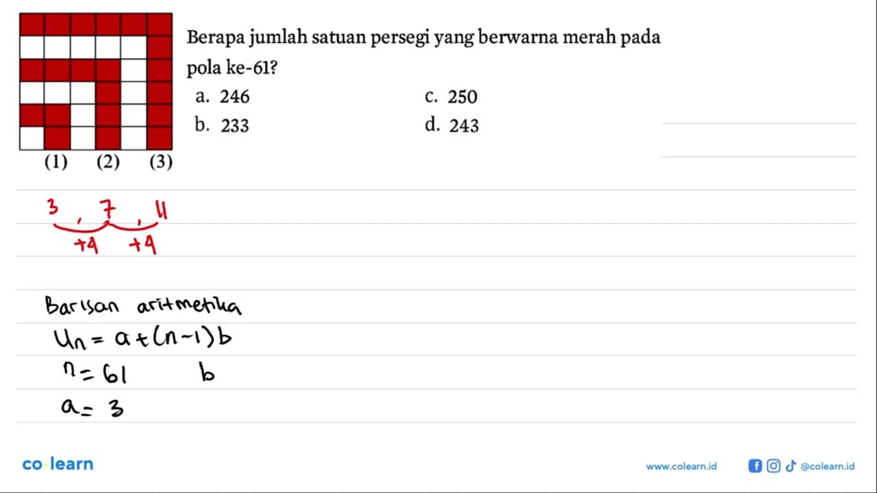 Berapa jumlah satuan persegi yang berwarna merah pada pola