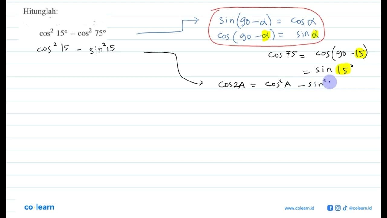 Hitunglah: cos^2 15 - cos^2 75