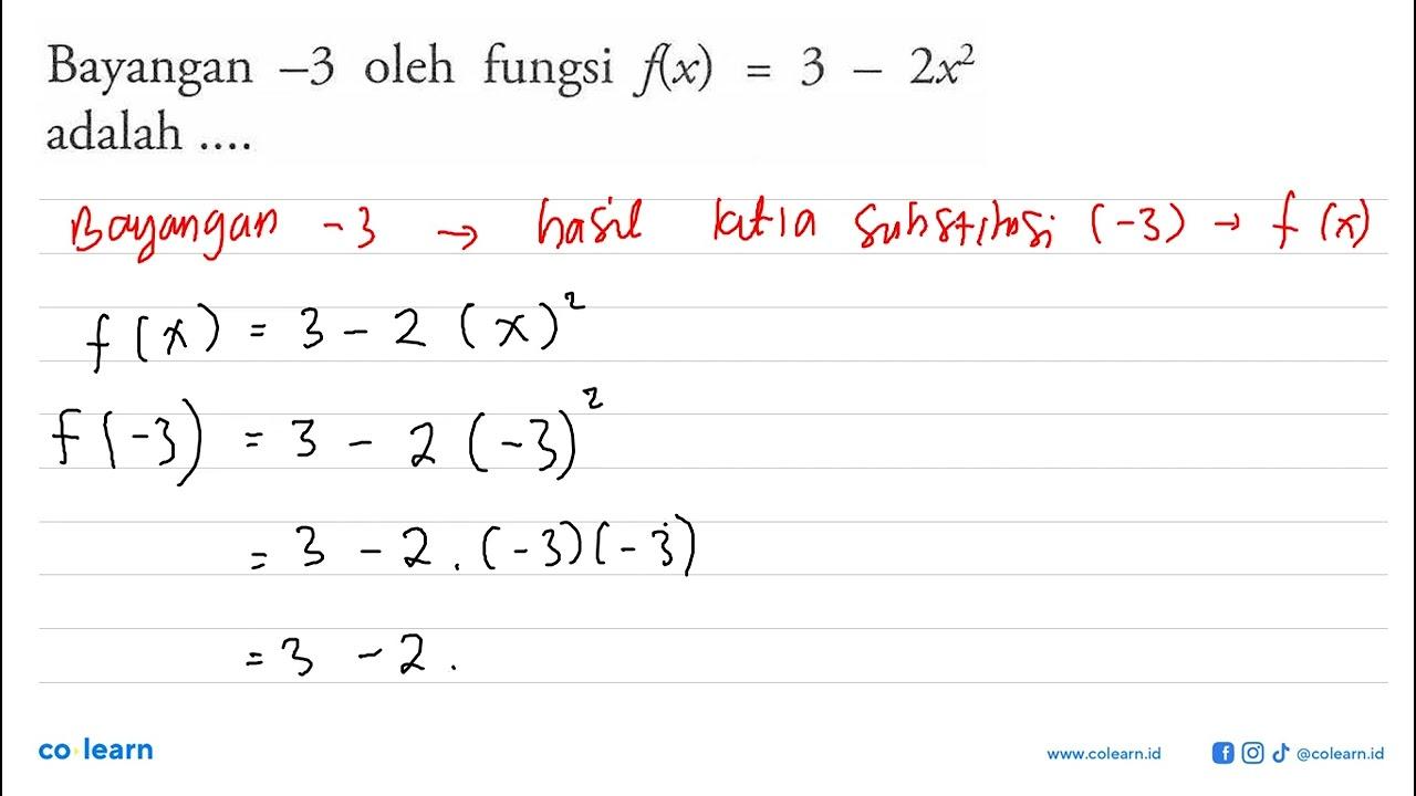 Bayangan -3 oleh fungsi f(x) = 3 - 2x^2 adalah...