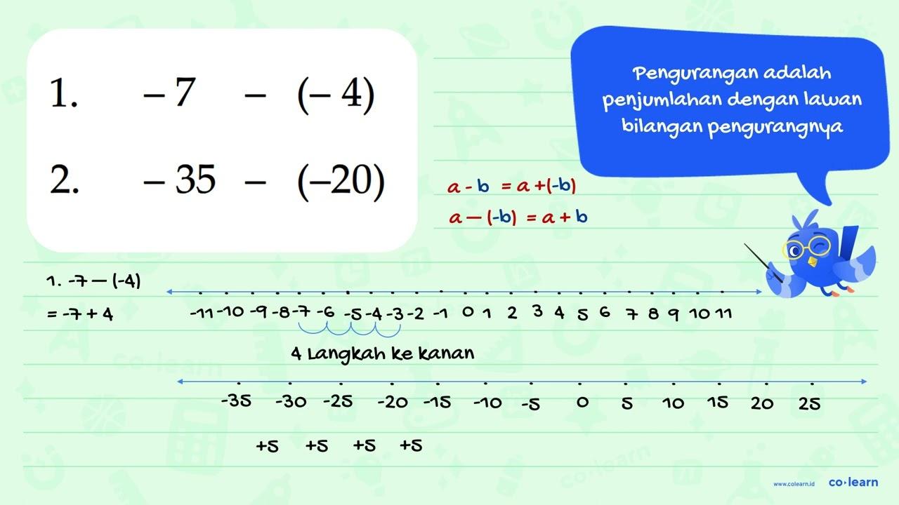1. -7 -(-4) 2. -35- (-20)