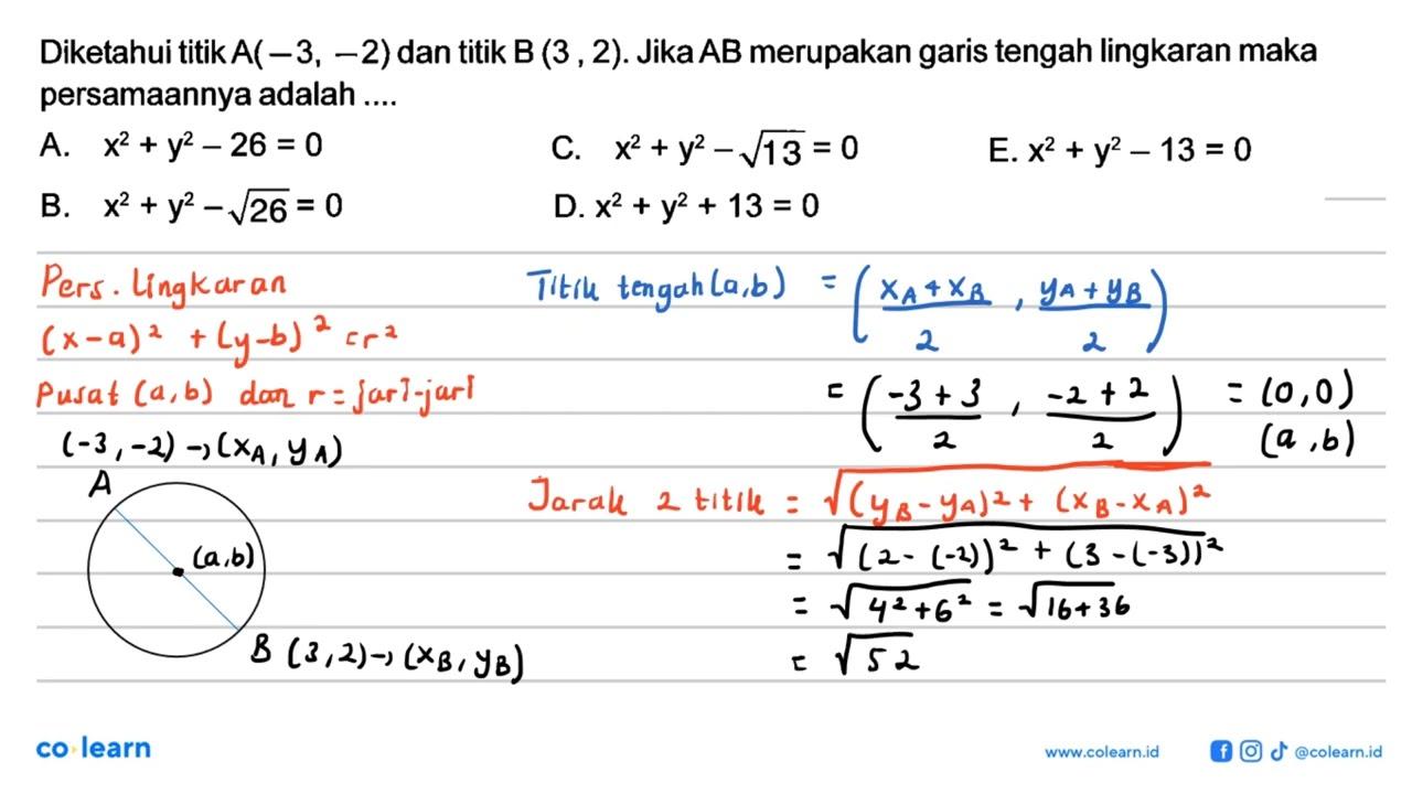 Diketahui titik A(-3,-2) dan titik B(3,2) . Jika AB