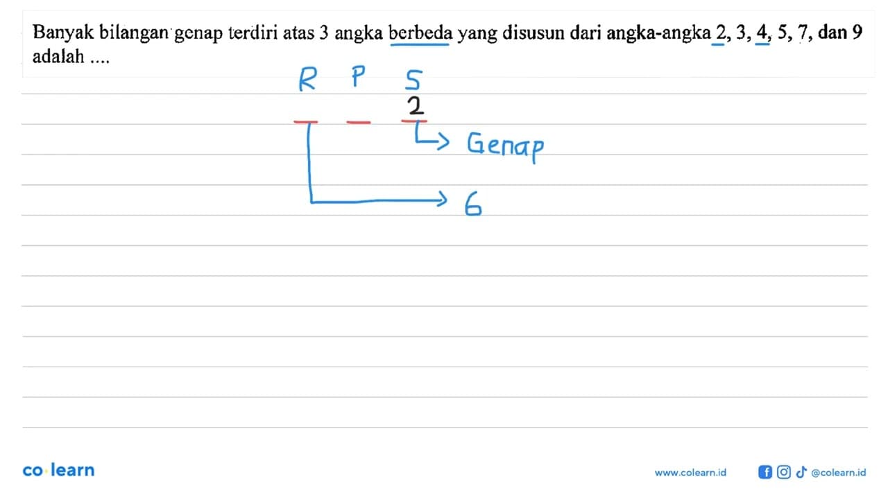 Banyak bilangan genap terdiri atas 3 angka berbeda yang