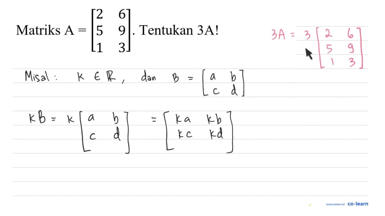 Matriks A=[2 6 5 9 1 3] . Tentukan 3A!