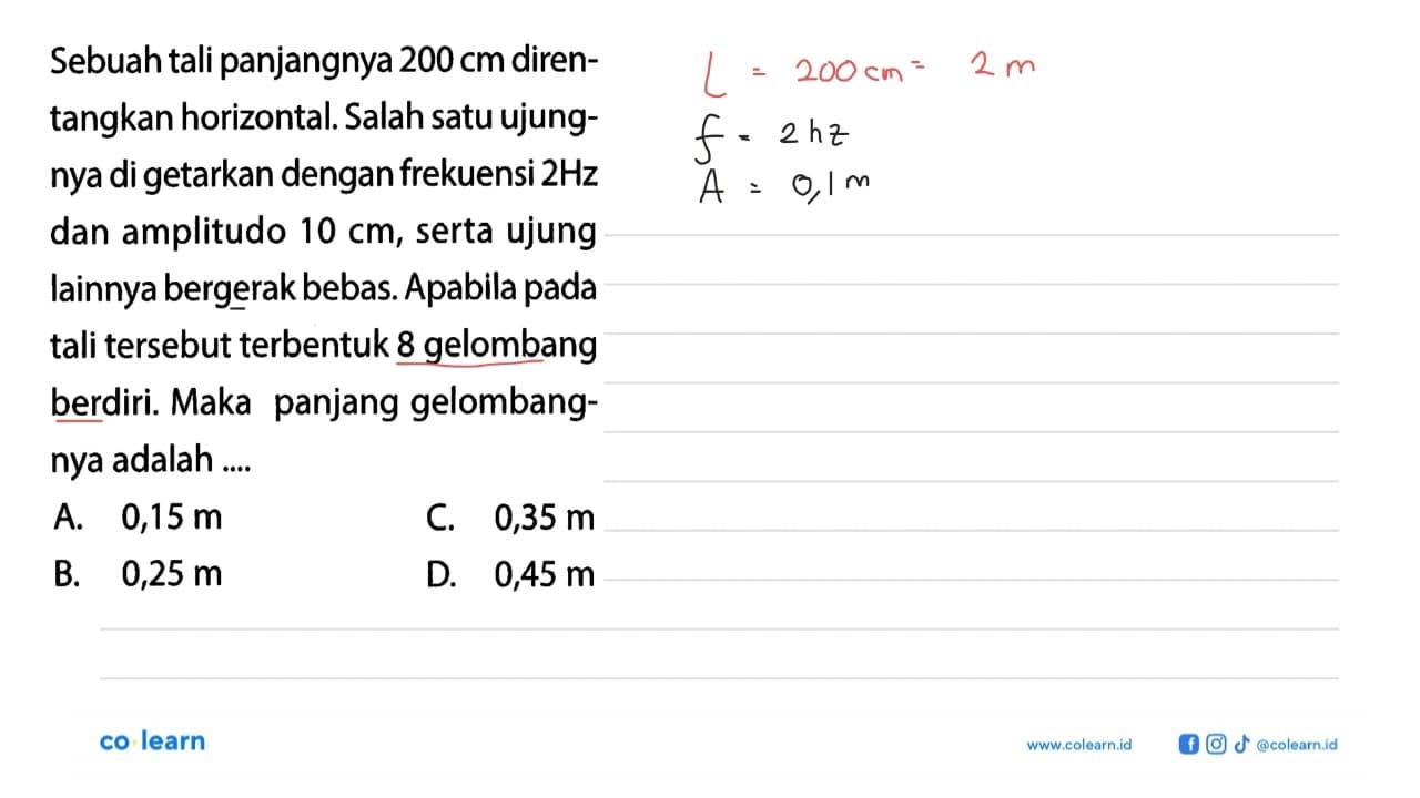 Sebuah tali panjangnya 200 cm direntangkan horizontal.