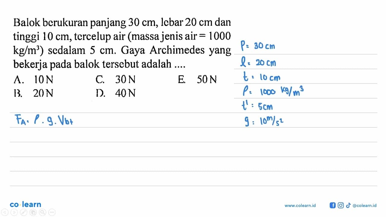 Balok berukuran panjang 30 cm, lcbar 20 cm dan tinggi 10