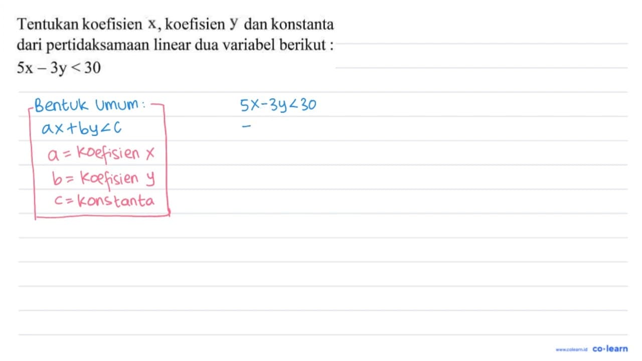 Tentukan koefisien X, koefisien Y dan konstanta dari