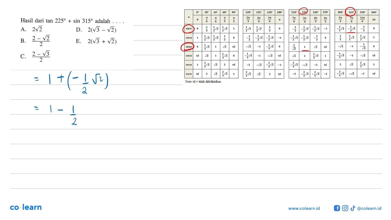 Hasil dari tan 225+sin 315 adalah ... .