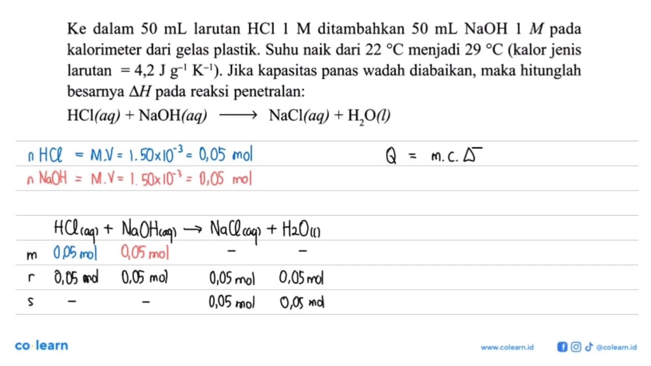 Ke dalam 50 mL larutan HCl 1 M ditambahkan 50 mL NaOH 1 M