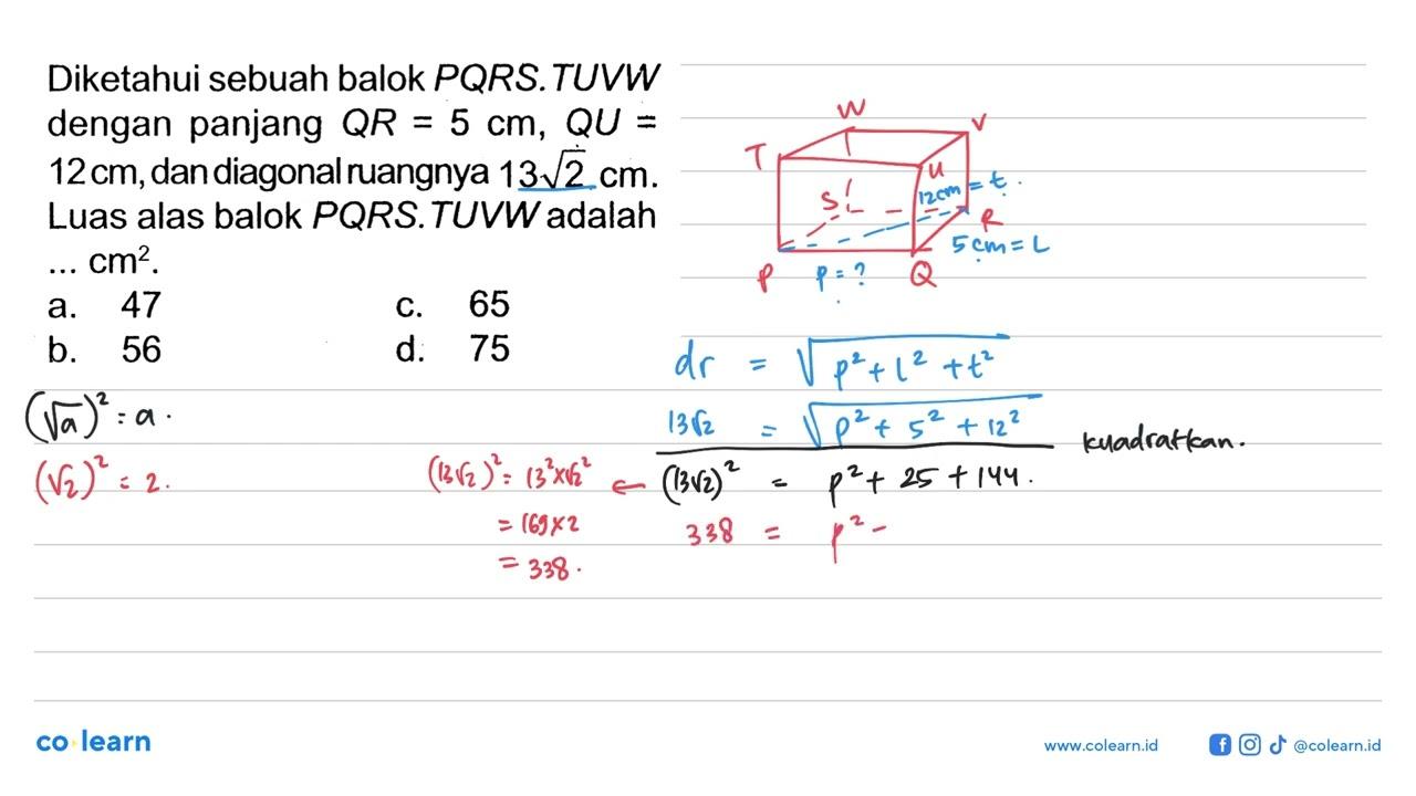 Diketahui sebuah balok PQRS.TUVW dengan panjang QR=5 cm,